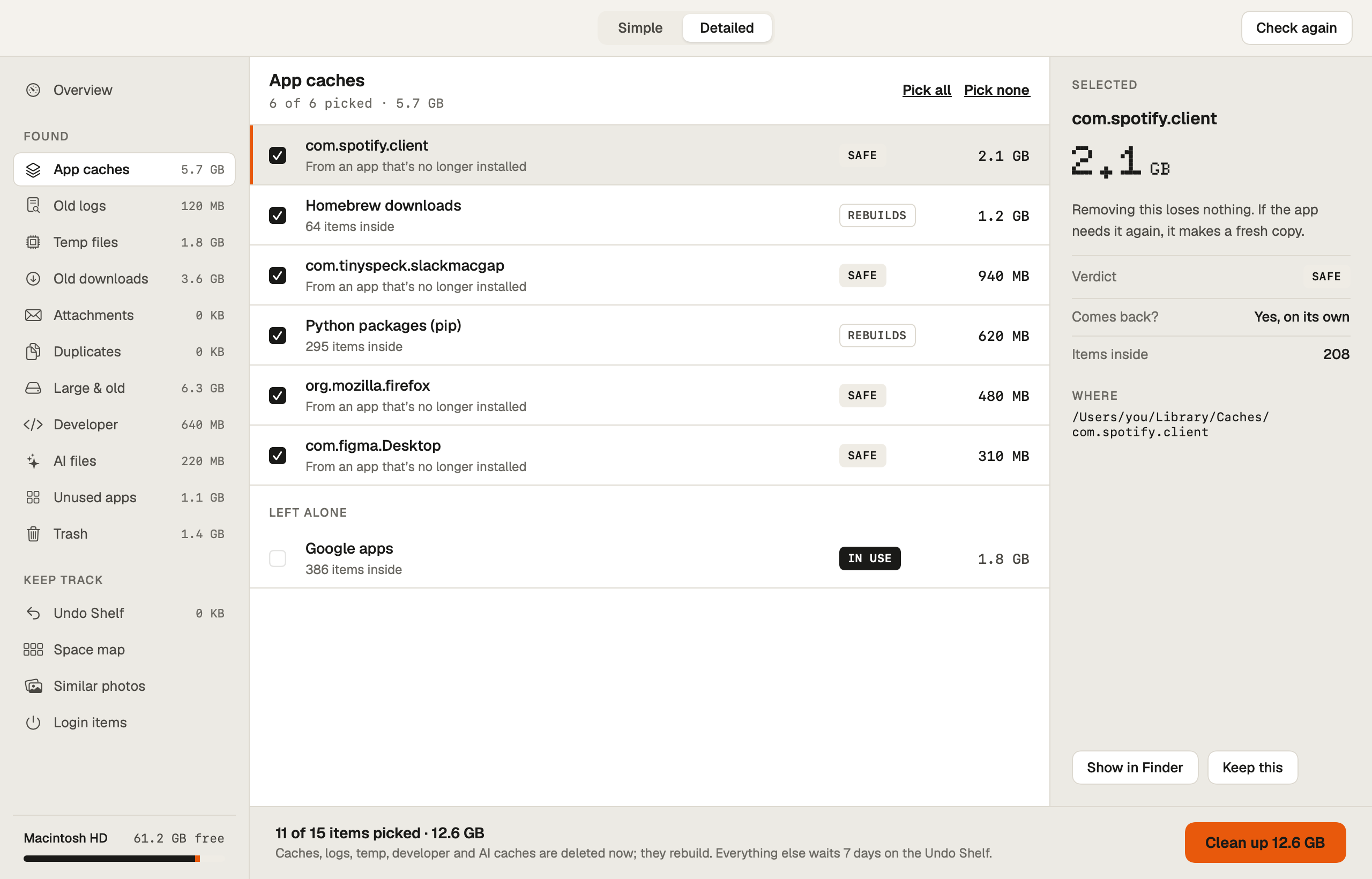 Sift in Detailed view: every item found, each with its size, a verdict badge and the reason it is safe or not.