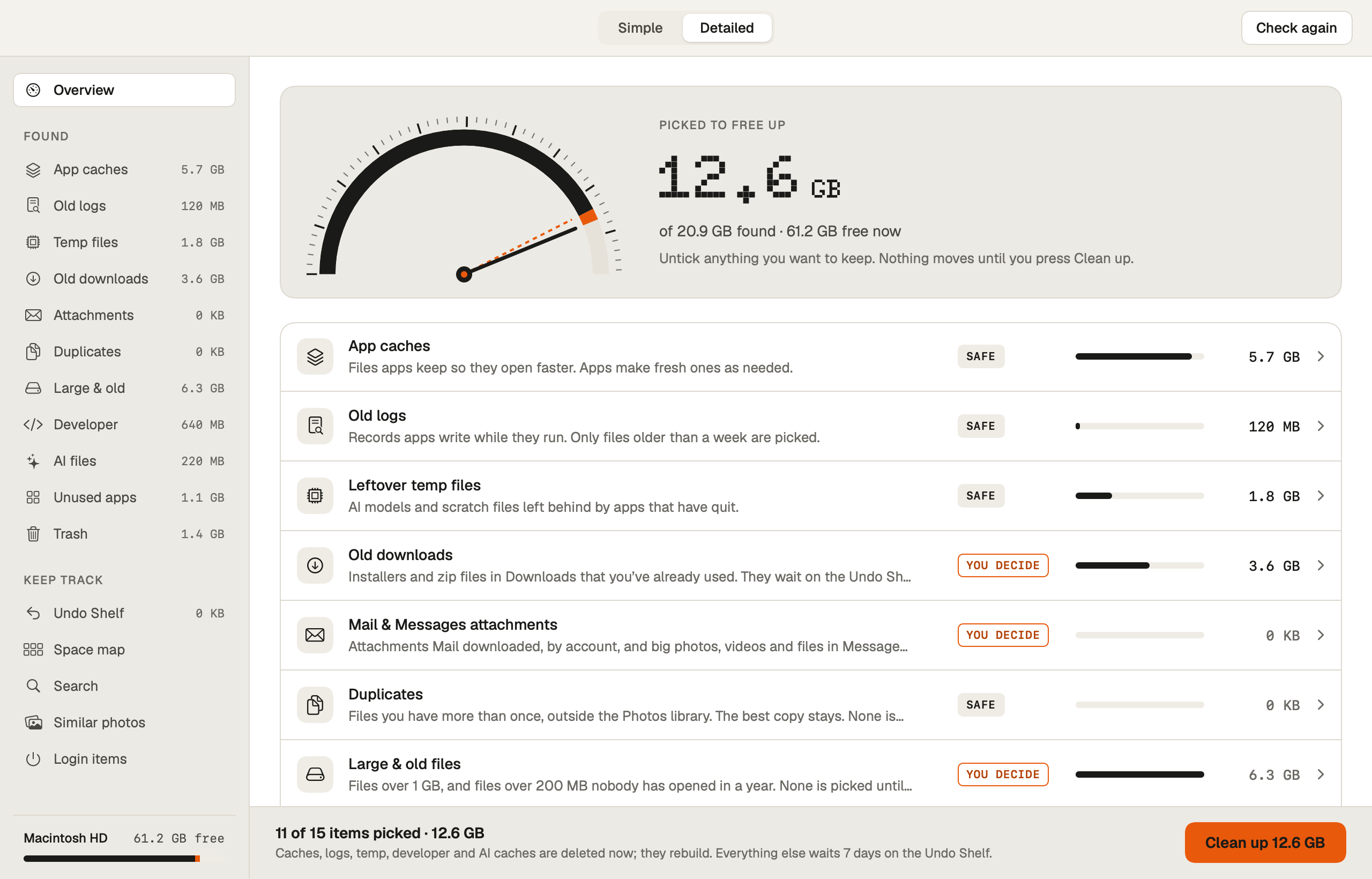 SiftMac’s Detailed view: each category with its size, a verdict badge and a one-line reason, and a Clean up button that says what goes now and what waits 7 days.